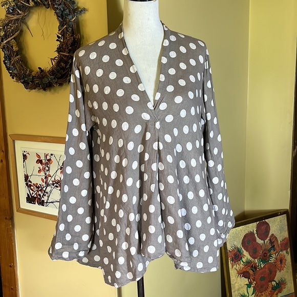 ITALY 100% Linen Trapeeze Blouse Polka Dots Gray & White - Picture 1 of 13